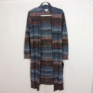 J Jill S Southwest Striped Cotton Blend Long Open Front Cardigan Sweater Duster
